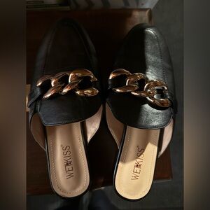 WeKiss Black Mules with Gold Chain Detail